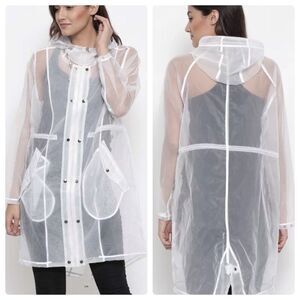 FOREVER 21 White See Through Transparent Hooded Rain Jacket Snap Button Zip Sz M